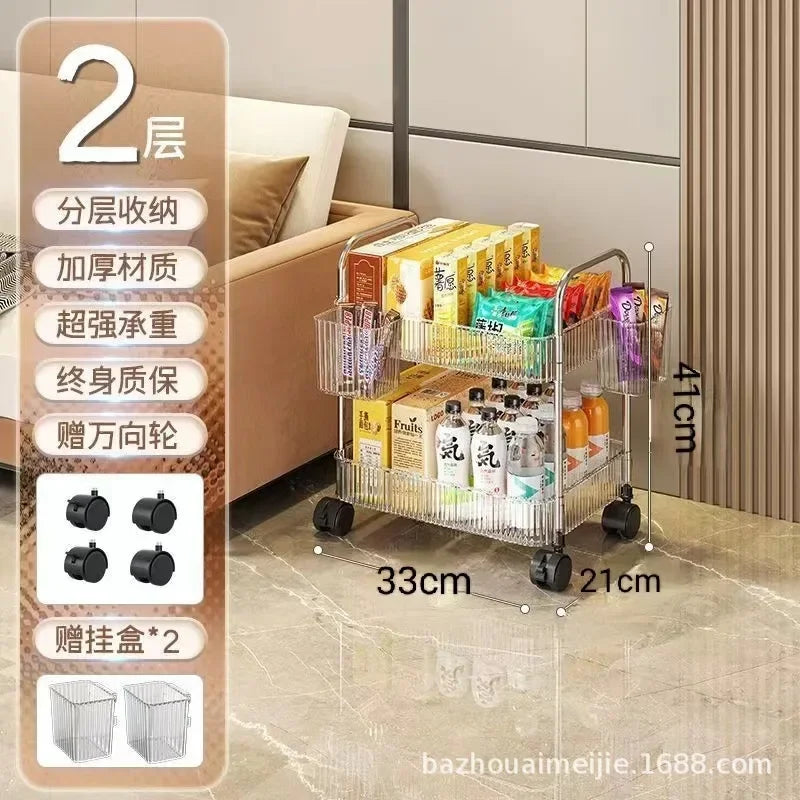 chariot roulettes transparent moderne filetage niveaux boîtes divers biscuits thé cosmétiques jouets