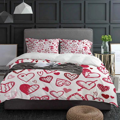 Parure de lit coeur 3 pièces housse de couette et taies d'oreiller