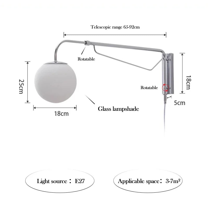 lampe murale articulée blanc chrome moderne minimaliste interrupteur bouton fixée mur câble électrique