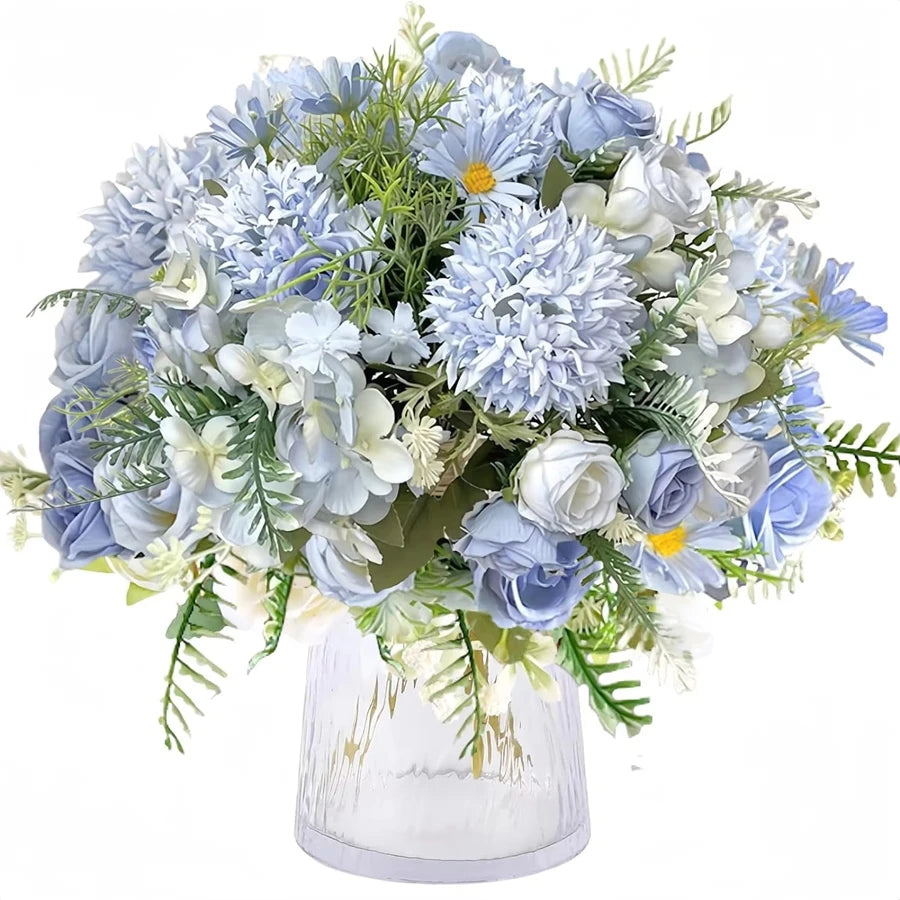 bouquets fleurs artificielles rose blanche bleue intérieur décoration maison panier tressé vases transparents