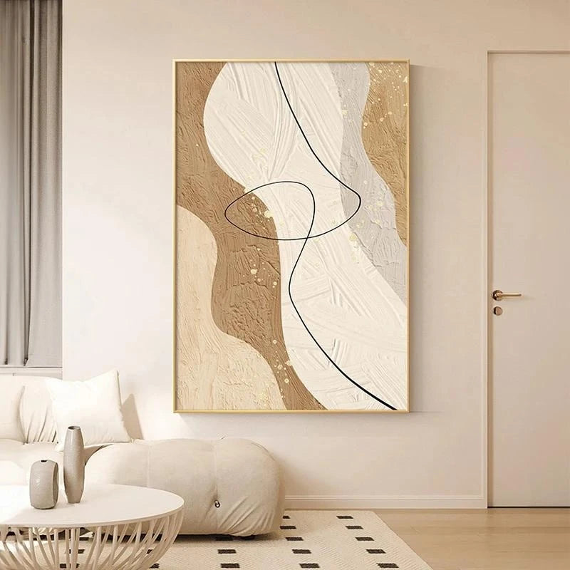 tableau abstrait moderne minimaliste toile points dorés lignes courbes beige blanc noirintérieur décoration chambre