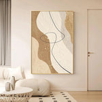 tableau abstrait moderne minimaliste toile points dorés lignes courbes beige blanc noirintérieur décoration chambre