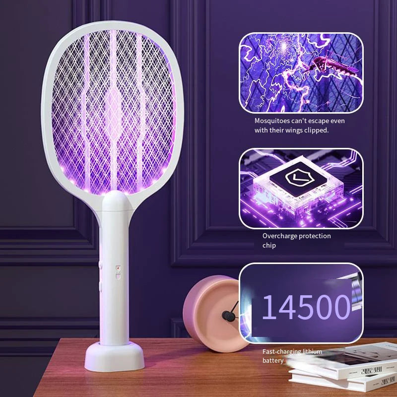 raquette anti moustiques électrique rechargeable lumière violette mesh semi transparent ergonomique batterie lithium