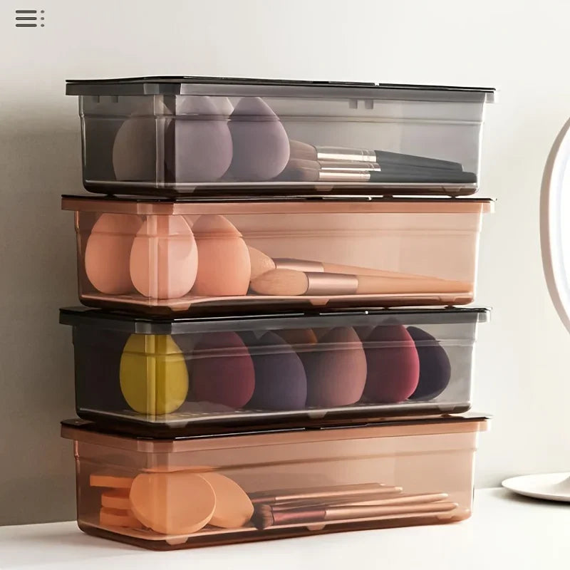 boîtes rangement cosmétiques pinceaux éponges maquillage gris marron clair moderne minimaliste transparentes