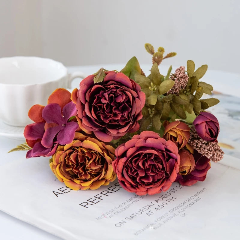 bouquet fleurs artificielles rose blanc classique décoration mariage anniversaire intérieur élégant soie hortensia pivoine