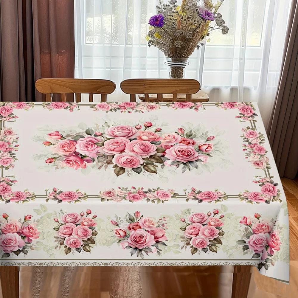 nappe fleur rose printemps moderne rectangle maison décoration table verre assiette couverts