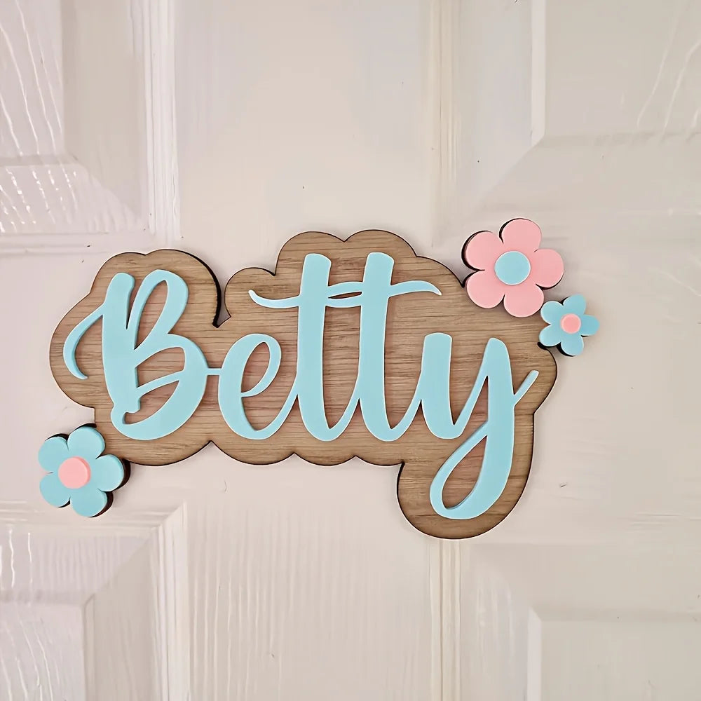 plaque décorative personnalisable bois gravure laser lettres relief fleurs simple moderne couleur naturelle bleuclair