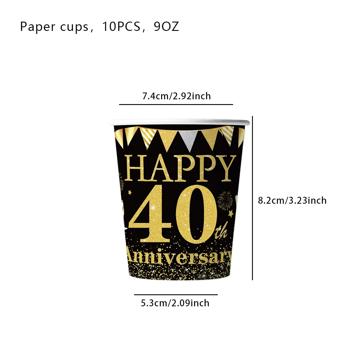 tasses papier jetables anniversaire happy birthday doré noir