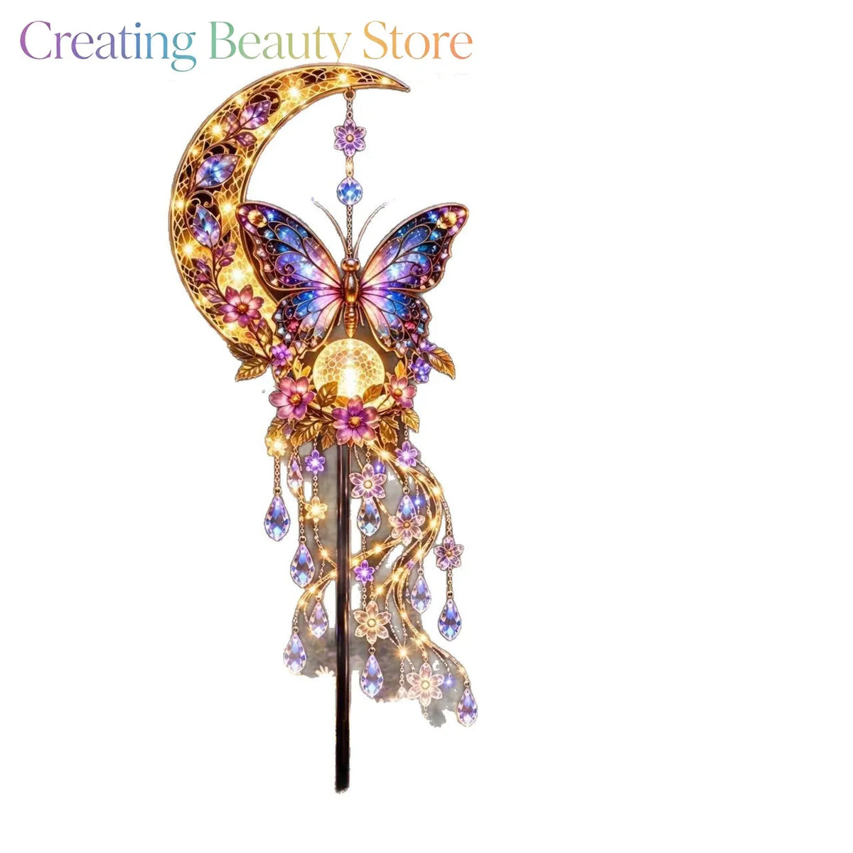 lampe solaire décorative ornement papillon lune cristaux transparents artisanal romantique noëlextérieur