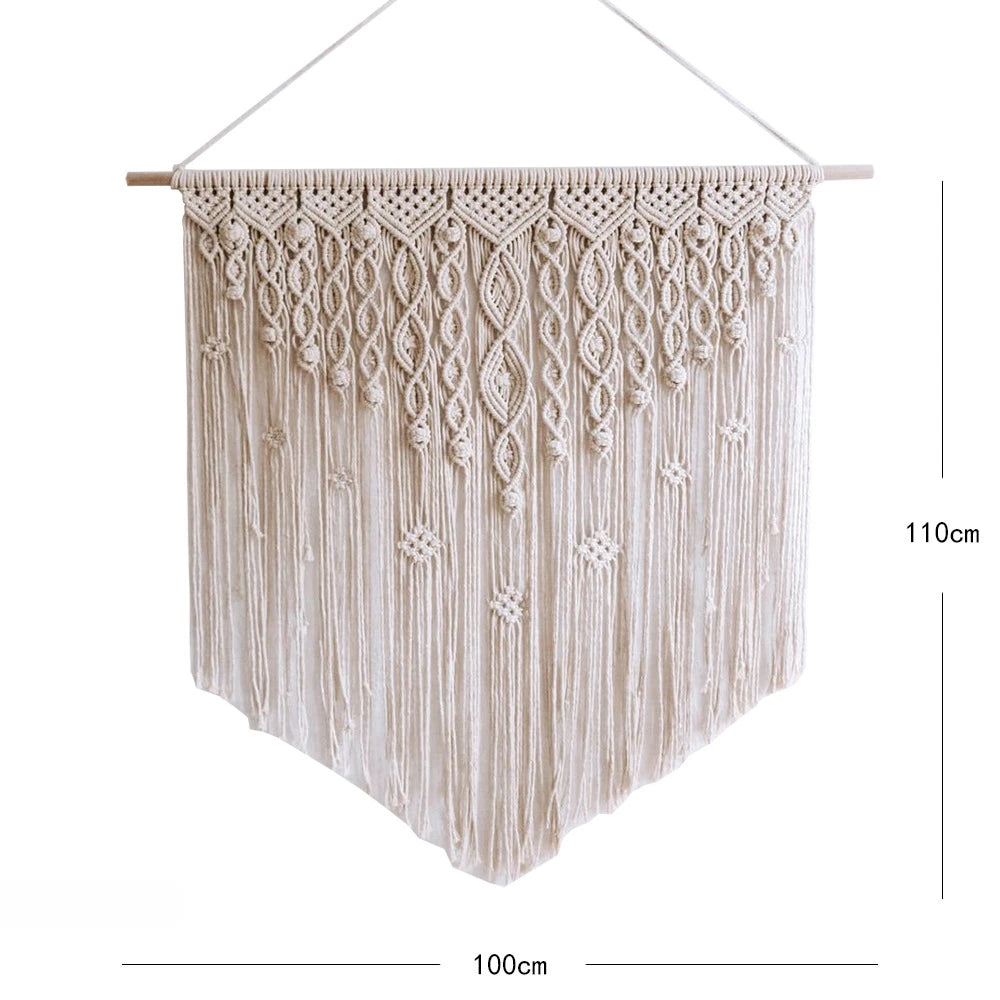 tapisserie macramé géométrique franges bohème décoration murale øllets beige clair