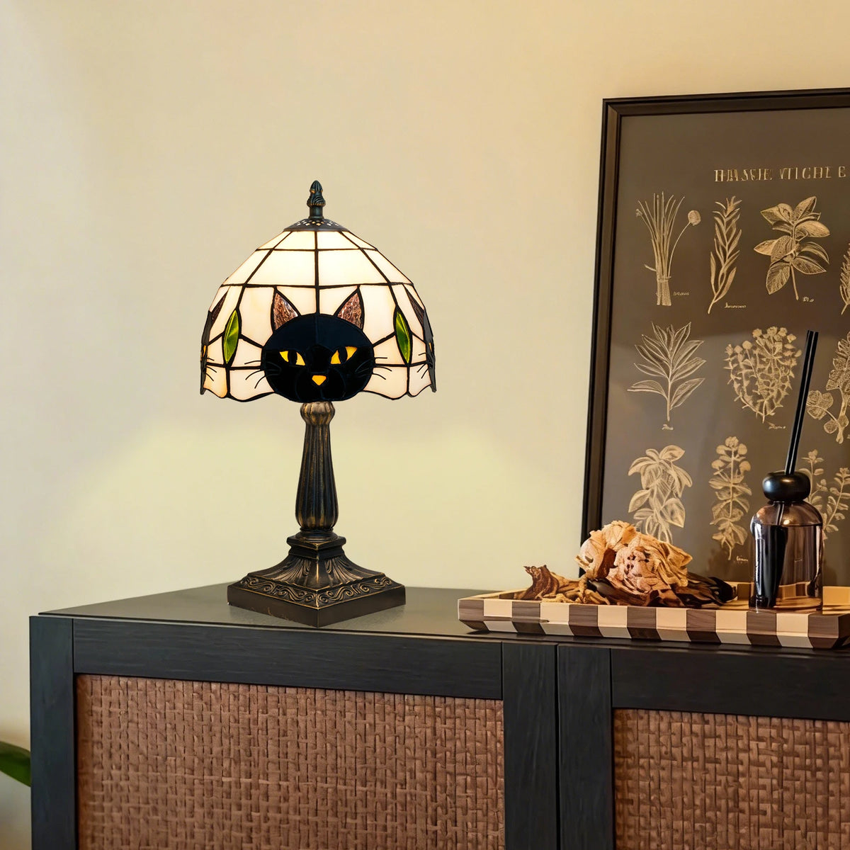 lampe table tiffany vitrail chat noir stained glass fixe base carrée