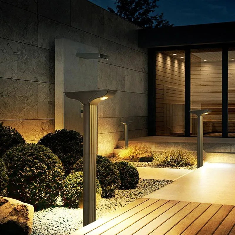 Lampe solaire ip65 gris métallisé minimaliste deux niveaux luminosité adaptable jardin patioextérieur led