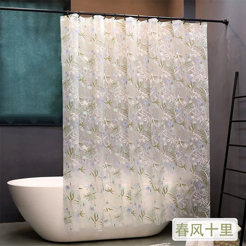 rideau douche translucide motif fleurs blanches feuilles moderne métalliques blanc