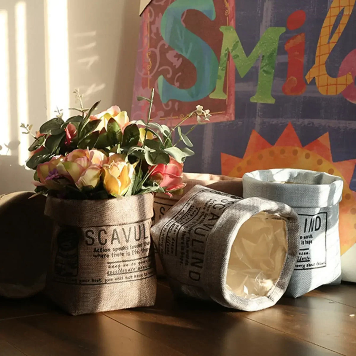 sacs fleurs vintage faux herbes pierres décoratives beige gris bleu lin rustic