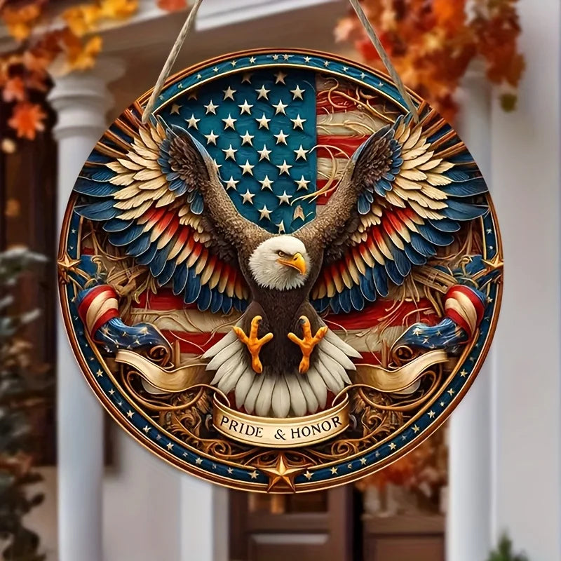 décoration murale plaque bois aigle drapeau américain bleu blanc rouge porte porche