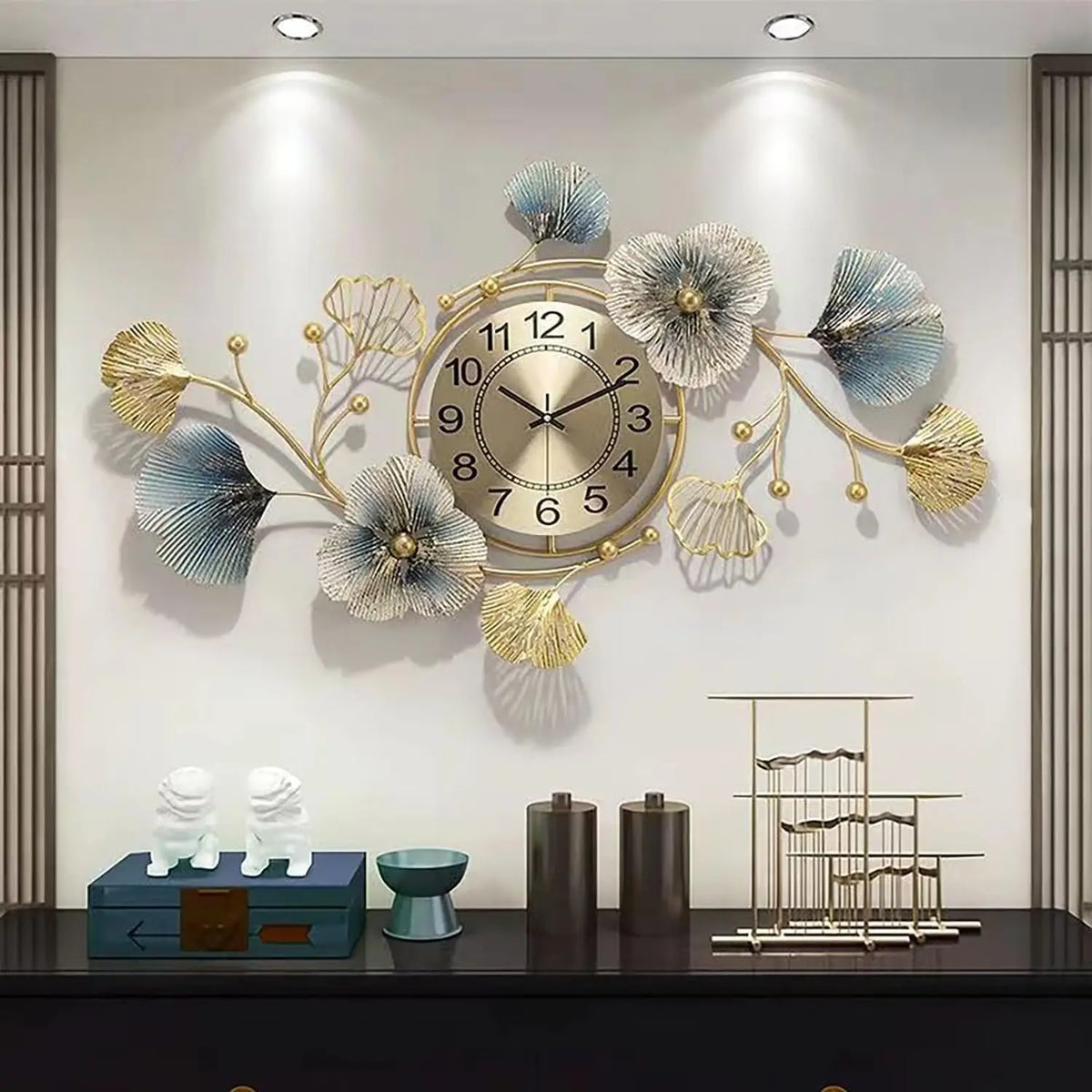 horloge murale moderne or bleu fleurs stylisées silencieuse quartz décoratif fixations murales