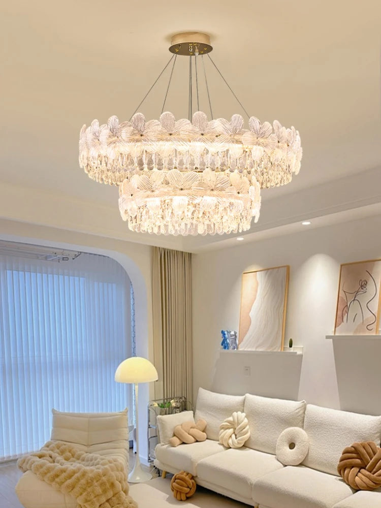 lustre suspension moderne fleurs cristal doré luminaire salon salon luxe intérieur élégant rond
