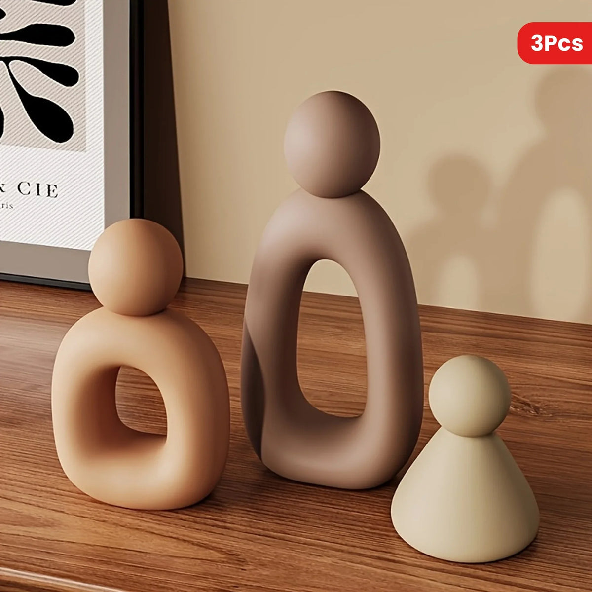 sculptures abstraites modernes minimalistes trois pièces décoration intérieure beige texturée minimaliste
