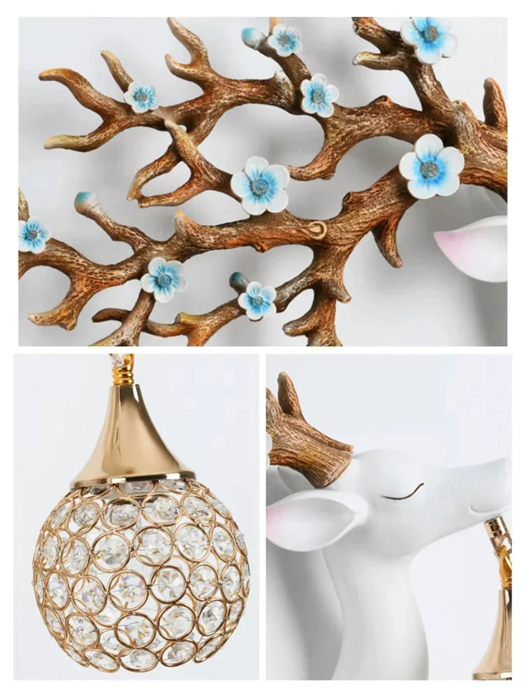 lampe murale moderne branches fleurs strass tête cerf blanc doré bleuclair
