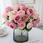 bouquet artificiel soie pivoine rose violet blanc décoration intérieure classique rustique vase transparent