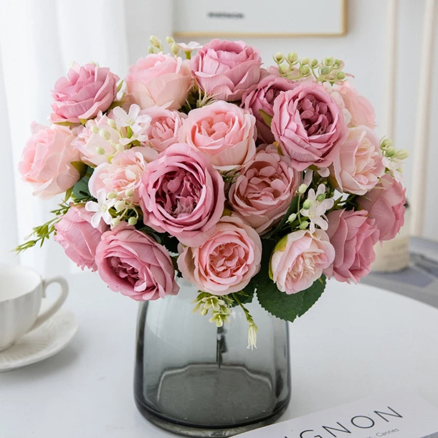 bouquet artificiel soie pivoine rose violet blanc décoration intérieure classique rustique vase transparent