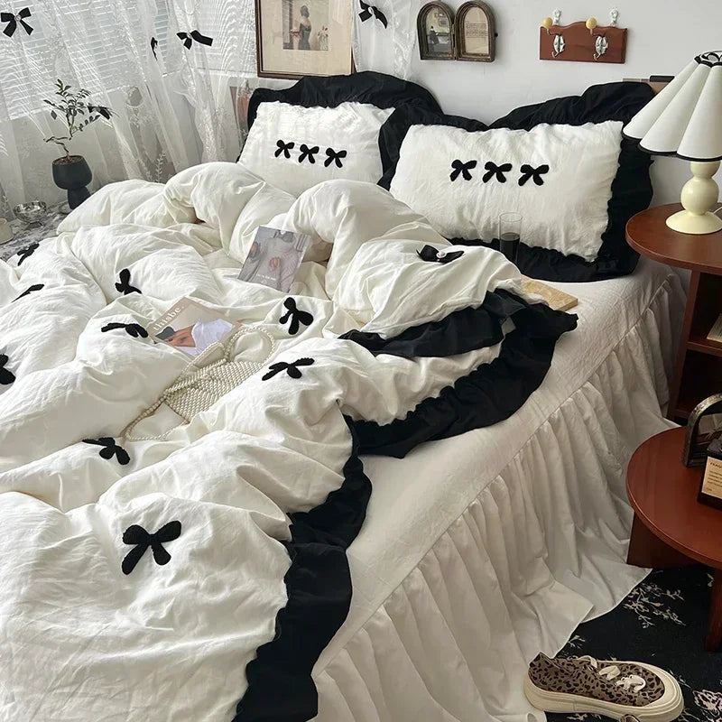 ensemble literie housse couverture taies nœuds noirs volants blancs filles doux