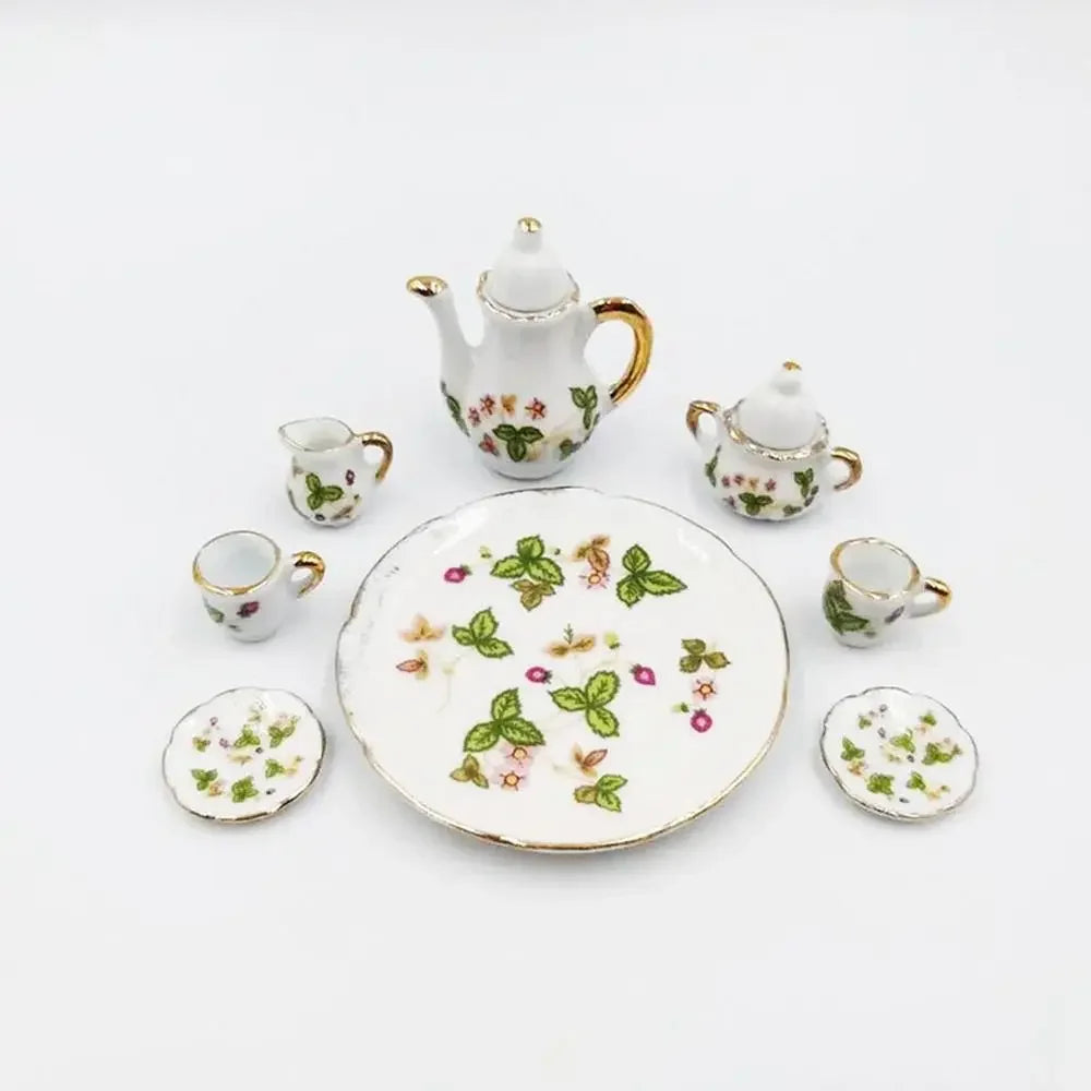 service thé miniature blanc bleu fleurs classique théière crème sucrier tasses assiettes