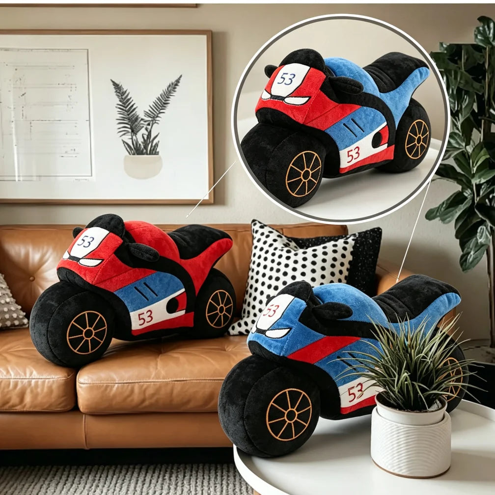 motocyclette peluche bleu rouge moderne sportif numéro 53 détails dorés