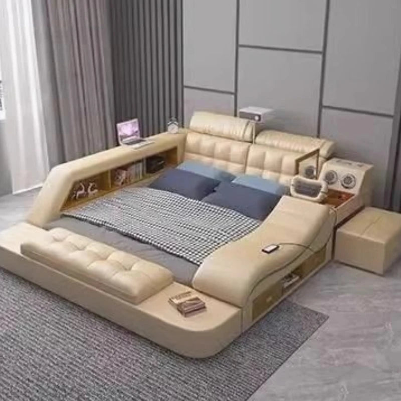 lit multifonctionnel simili cuir blanc moderne oreillers rangement chambre coucher