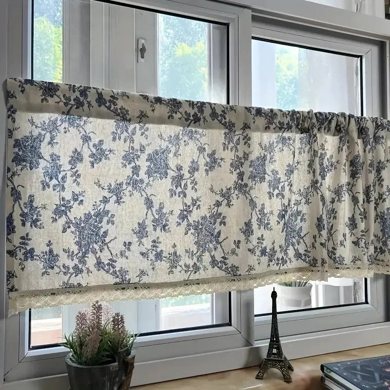 rideau fleuri vintage polyester beige bleu salon chambre