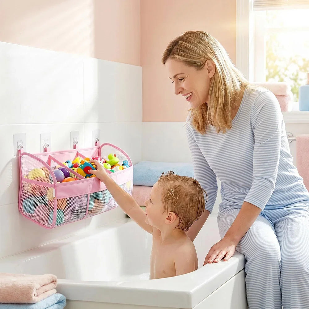 organisateur jouets bain rose maille rapide séchage compartiments poche pratique moderne