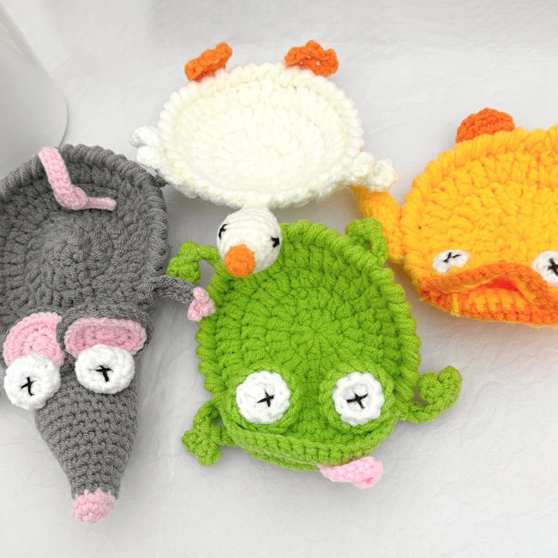 coasters crochetés motifs animaux créatifs opaques vert bleu jaune blanc dinosaure oiseau écologiques