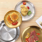 assiettes acier inoxydable or argent rondes modernes différentes tailles buffet dessert pizza