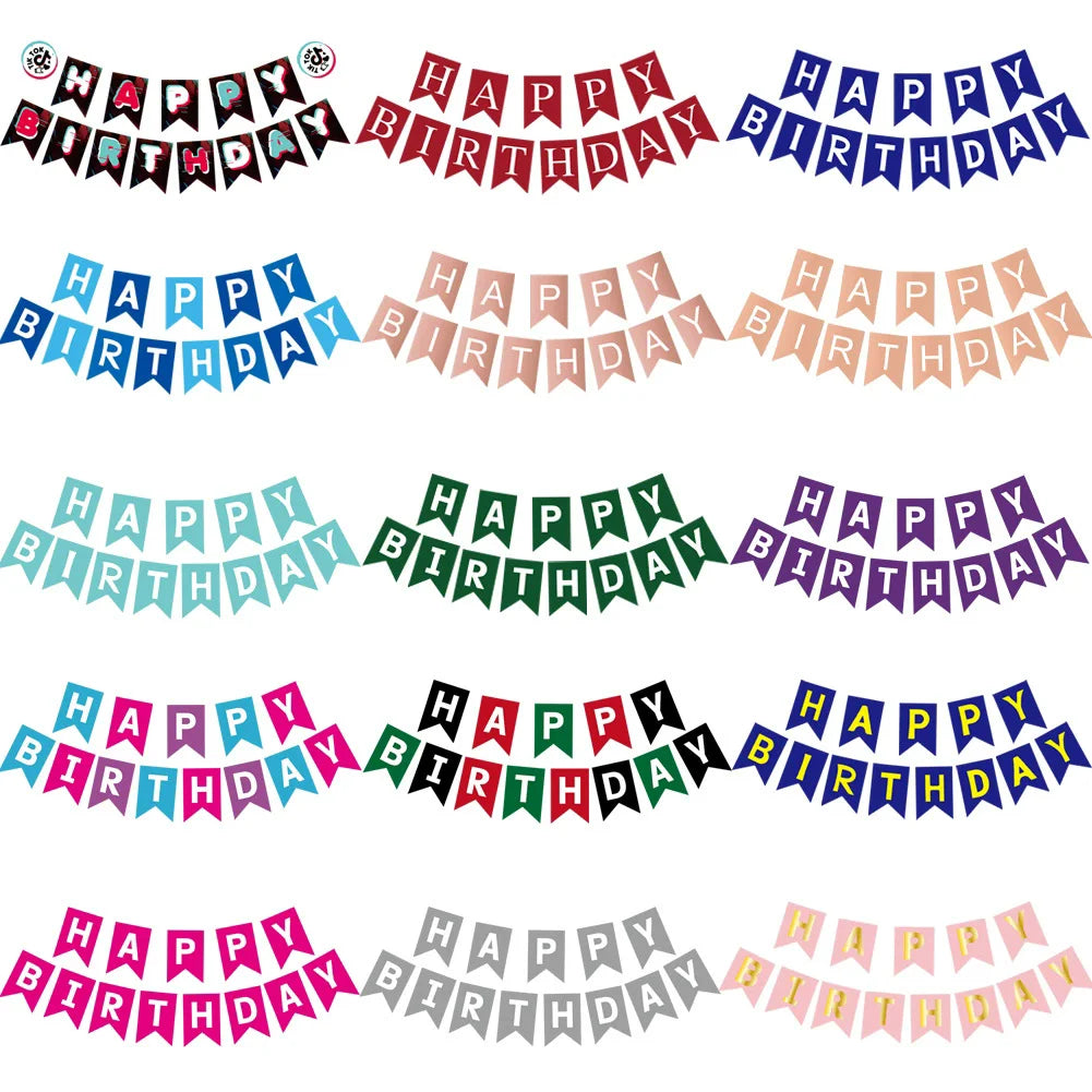 guirlande fanions happy birthday bleu rose noir gris vert turquois festif anniversaire enfant mariage