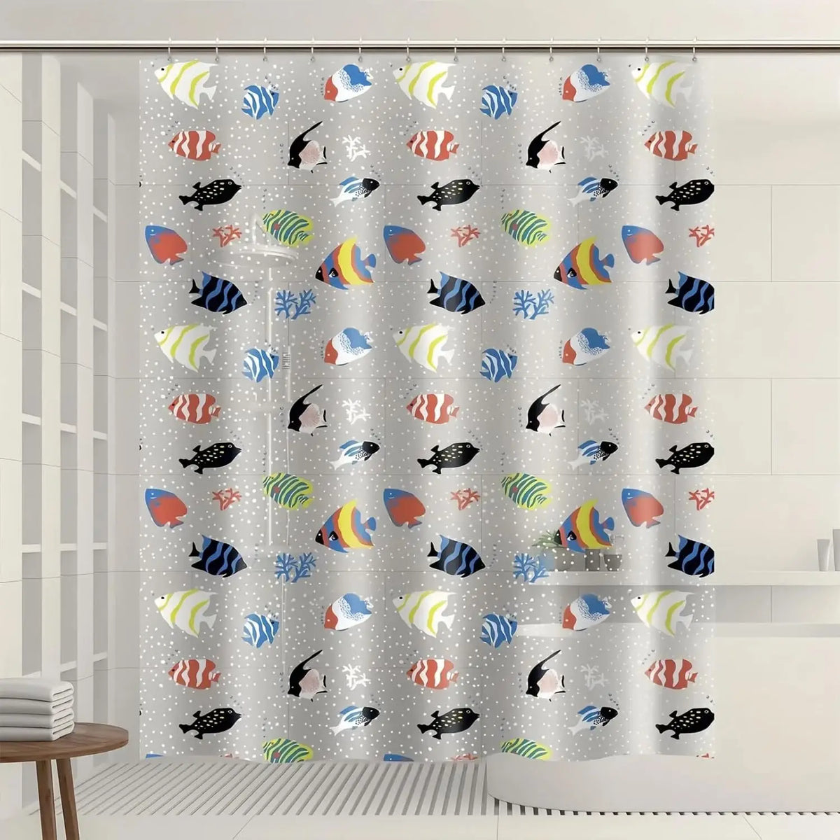 rideau douche poissons tropicaux motifs coraux transparent océan bleu rouge tropical marine echangement facile
