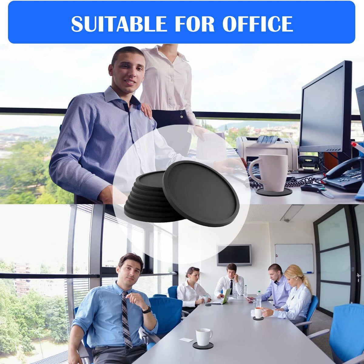 coasters silicone noirs modernes respectueux environnement diamètre 8.9cm hauteur 9.9cm épaisseur 0.3cm