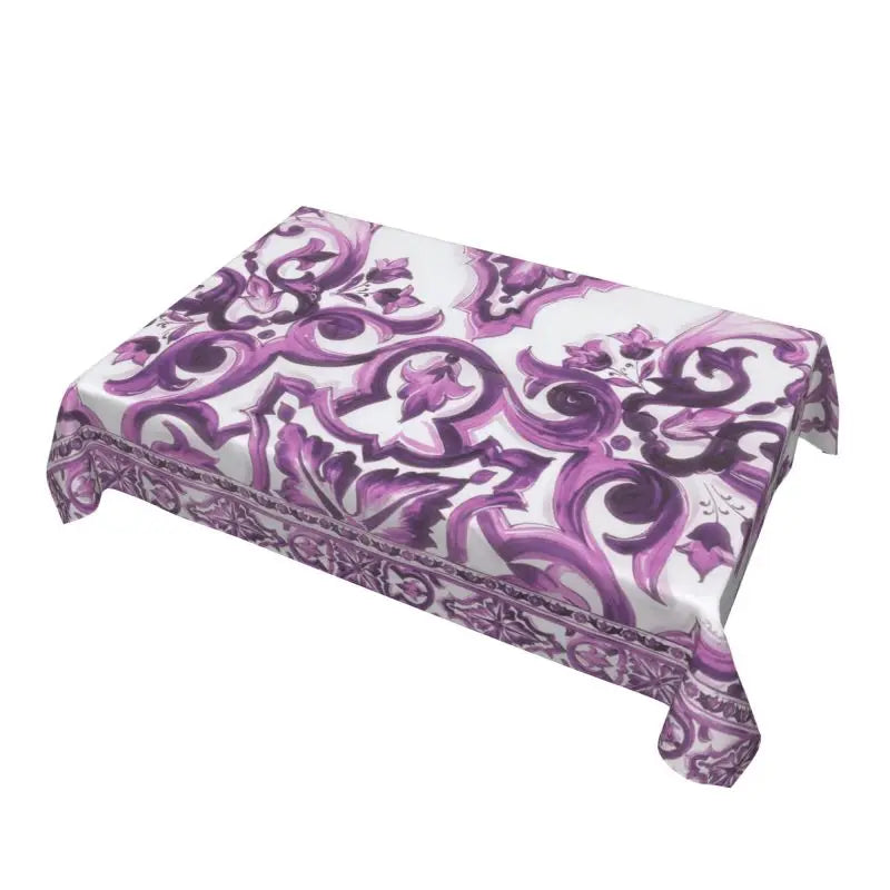nappe rectangulaire motif floral baroque blanc bleu violet décoration table classique élégant polyester coton