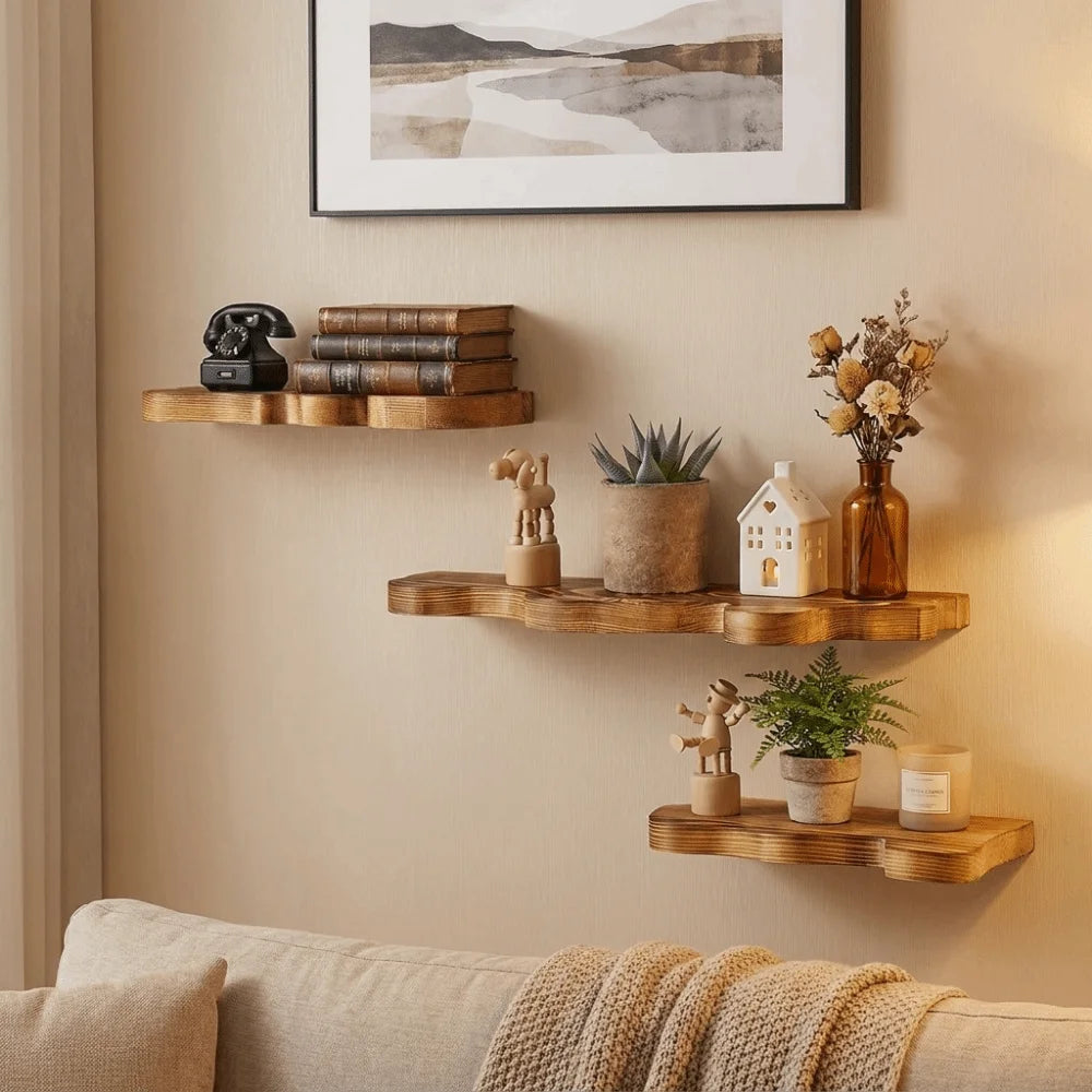 étagères murales bois naturel rustique moderne plante artificielle livre horloge photo figurine vase lampe