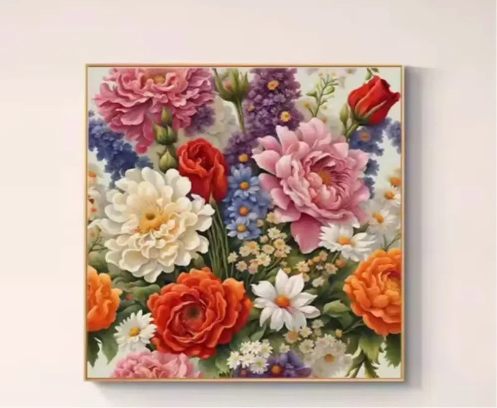 tableau floral multicolore fleurs différentes rose blanc orange bleu vert violet cadre doré decoration