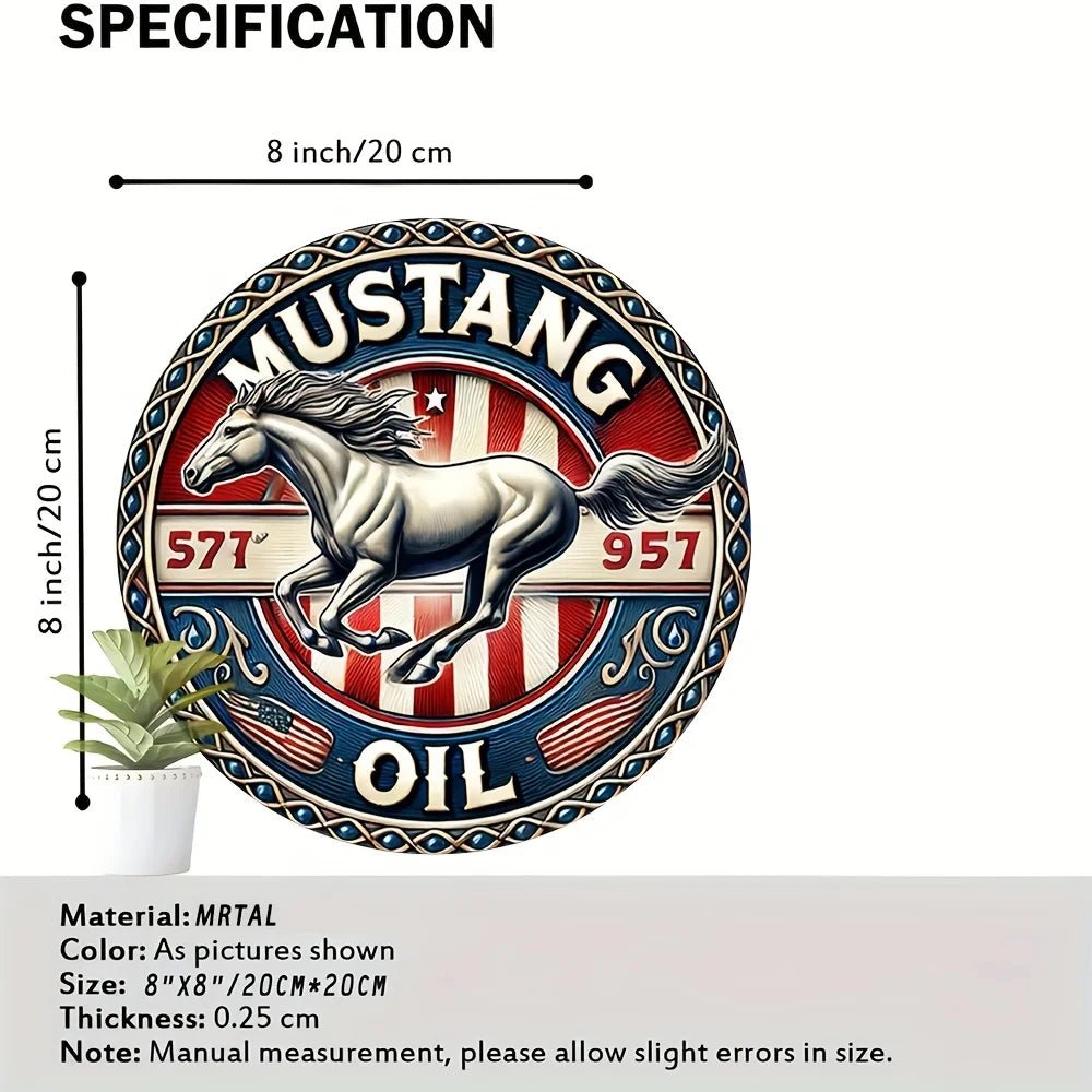 plaque métallique ronde cheval mustang drapeau américain vintage bleu blanc rouge