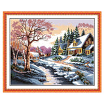 toile point croix paysage hivernal maison arbres ruisseau multicolore coton broderie diy plié sac