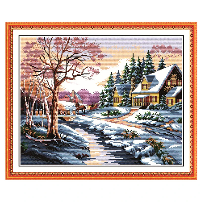 toile point croix paysage hivernal maison arbres ruisseau multicolore coton broderie diy plié sac