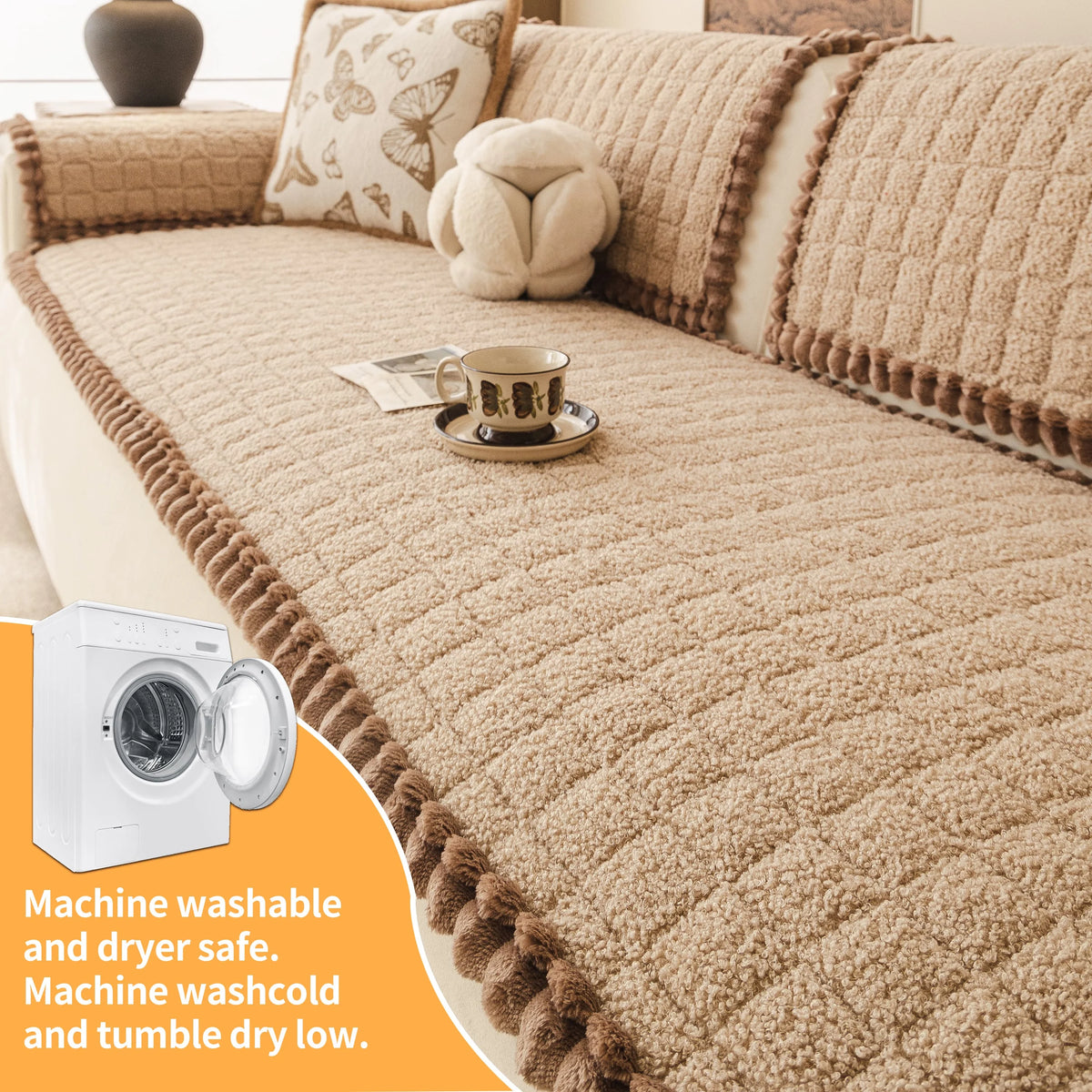 coussin canapé beige moelleux franges marron moderne confortable lavable machine automne hiver
