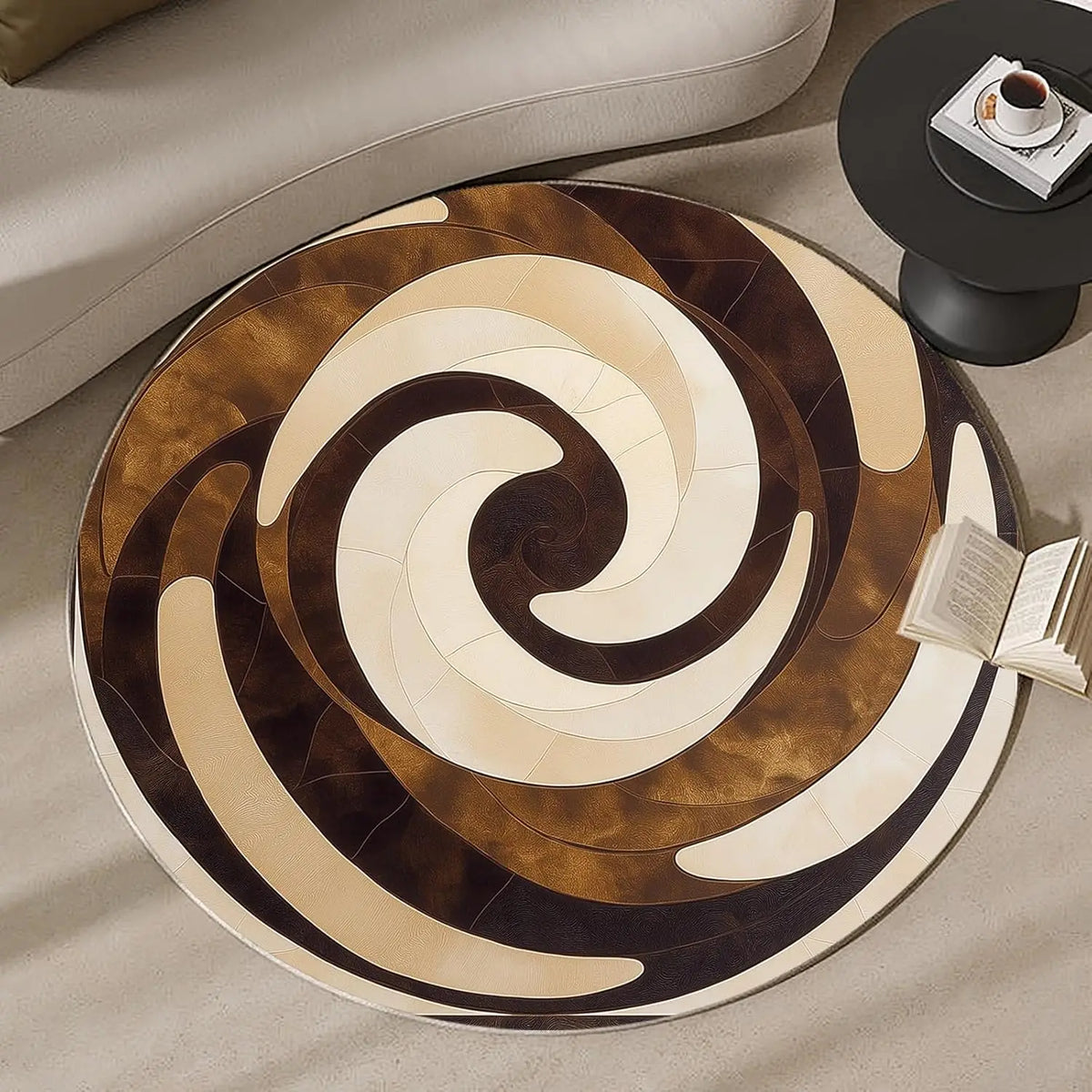 tapis rond moderne spirales concentriques marron beige geometrique anti drapant 80cm 120cm chambre salon
