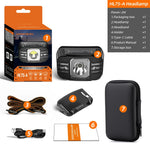 lampe frontale rechargeable led mini haute puissance noir orange rayures horizontales moderne fonctionnel ceinture