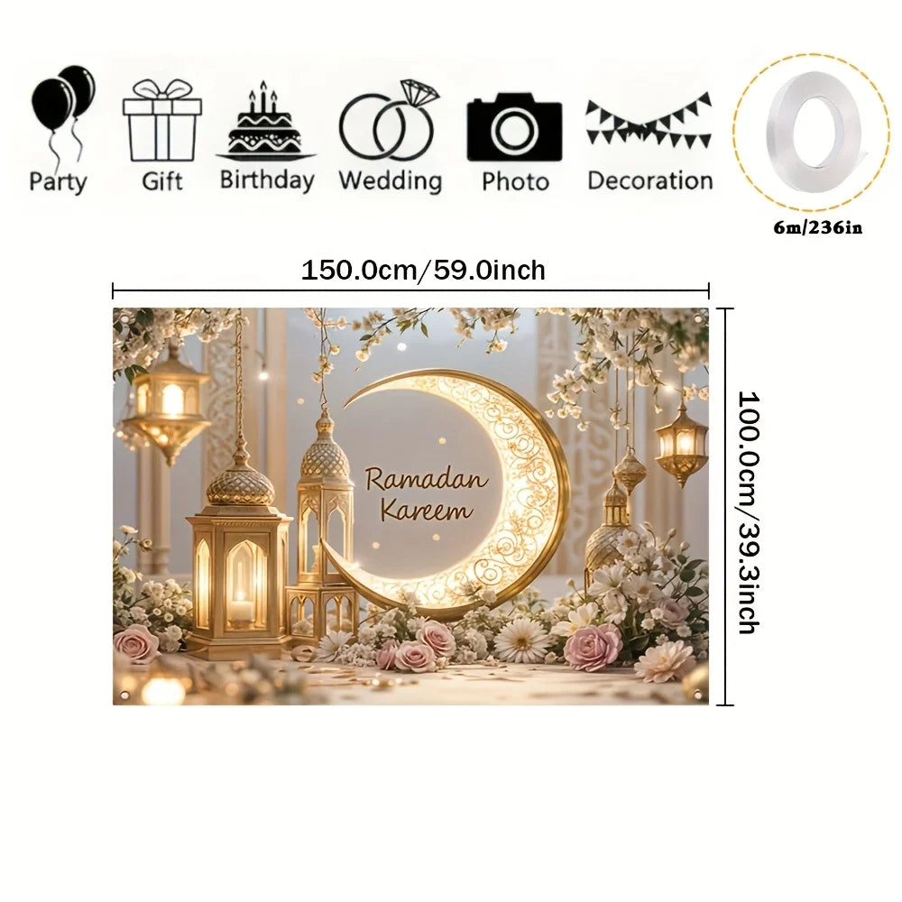 toile décorative ramadan lune dorée lanternes fleurs or blanc rose
