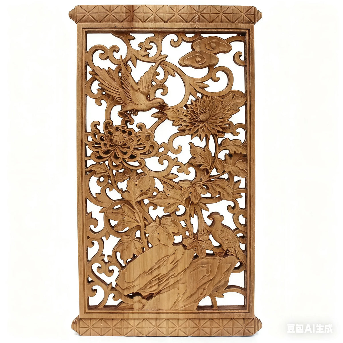 sculpture bois fleur oiseaux geometrique artisanal decoration murale naturelle traditionnelle chance bénédiction