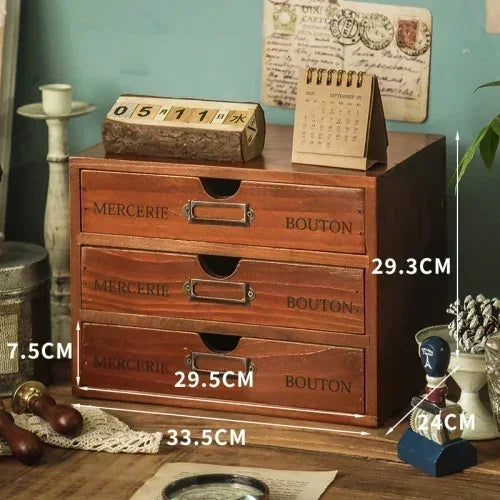 organisateur vintage commode tiroirs bois marron clair rétro poignées métalliques rangement