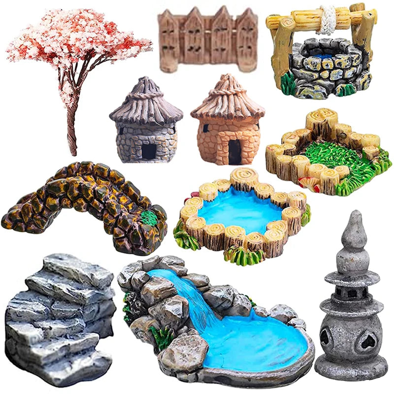 décoration jardin miniature résine arbres animaux ponts lanternes maison ornement artisanal