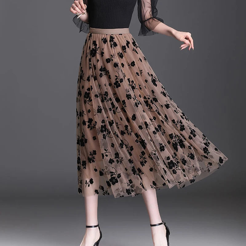 jupe fleurie beige élégante classique femme été translucide ample midiligne